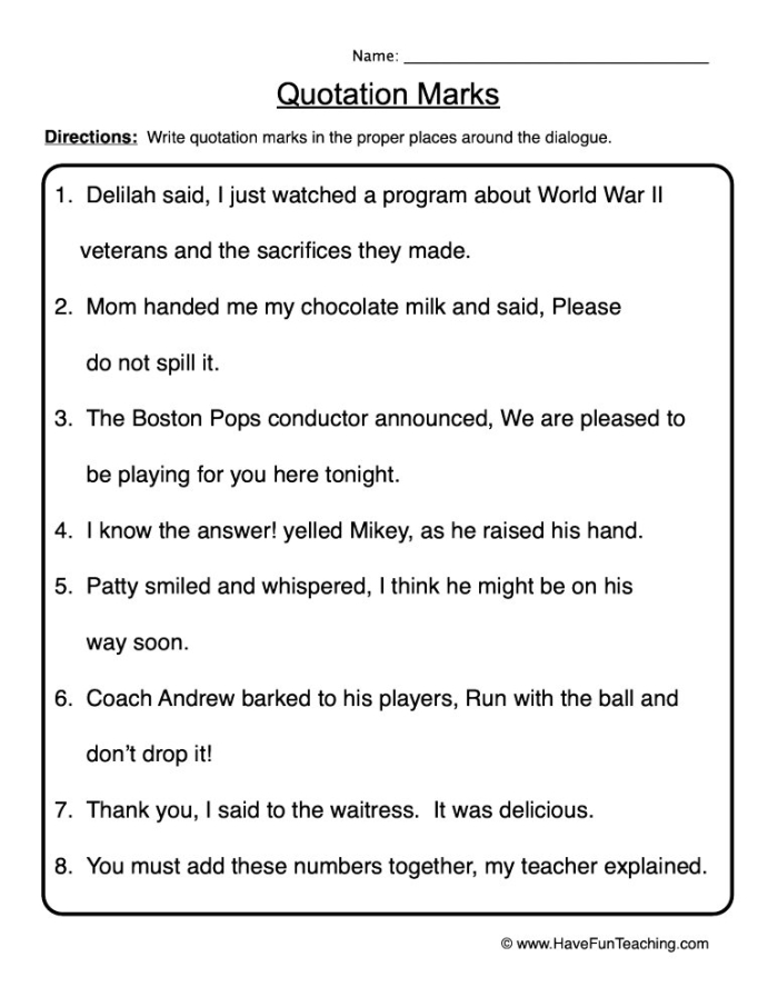 Worksheet for practicing the use of quotation marks in dialogue with a passage from The Secret Garden