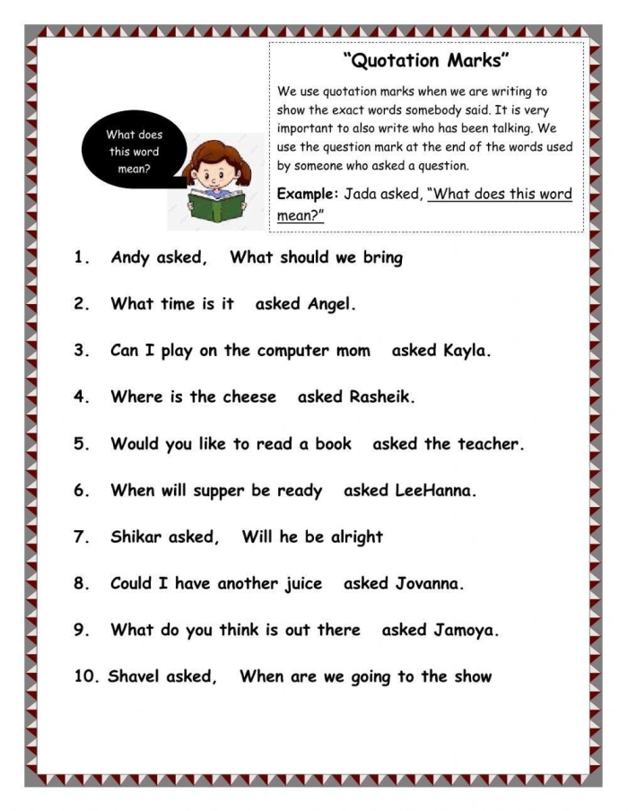 Worksheet on using quotation marks with a passage from The Secret Garden for fifth graders