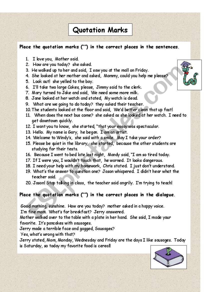 Worksheet illustrating the use of quotation marks in dialogue from The Secret Garden for fifth graders