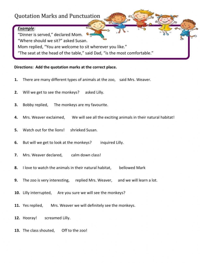 Worksheet on using quotation marks in dialogue for fifth graders with a passage from The Secret Garden