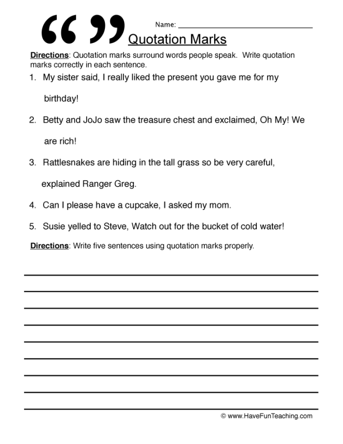 Worksheet focused on using quotation marks in dialogue for fifth graders, featuring a passage from The Secret Garden. Educational resource for practicing punctuation in writing.