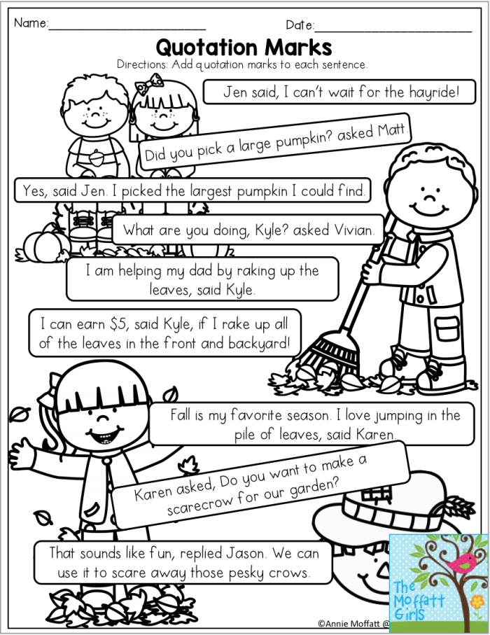 Worksheet on using quotation marks with dialogue practice from The Secret Garden