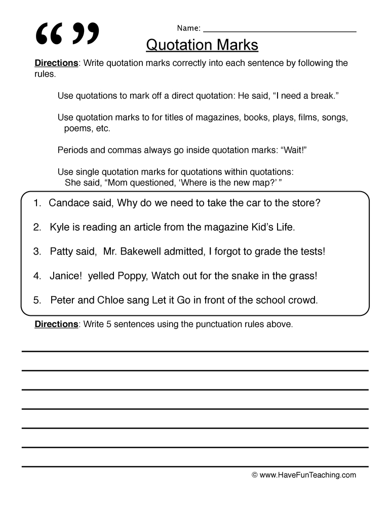 Worksheet for practicing the use of quotation marks in dialogue with a passage from The Secret Garden