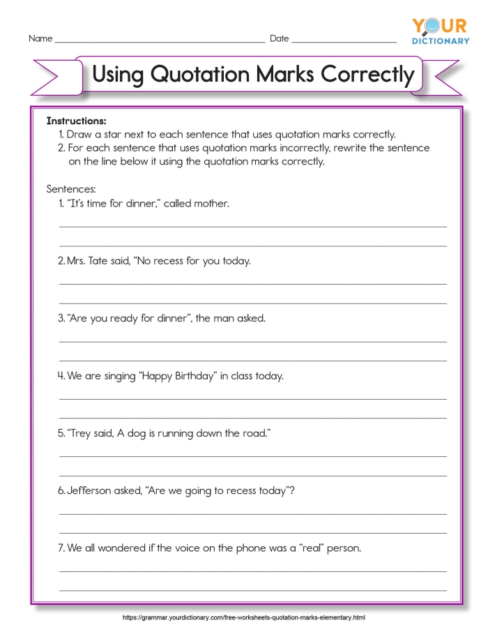 Worksheet for practicing quotation marks in dialogue from The Secret Garden