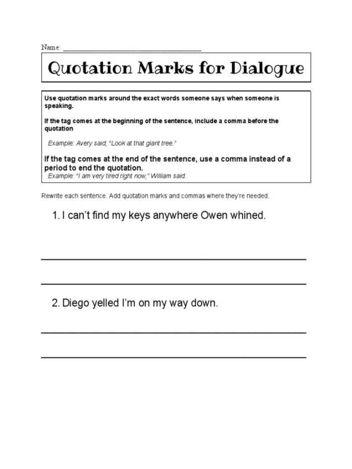 Worksheet focusing on the correct use of quotation marks in dialogue for fifth graders. Practice passage from The Secret Garden to enhance punctuation skills.
