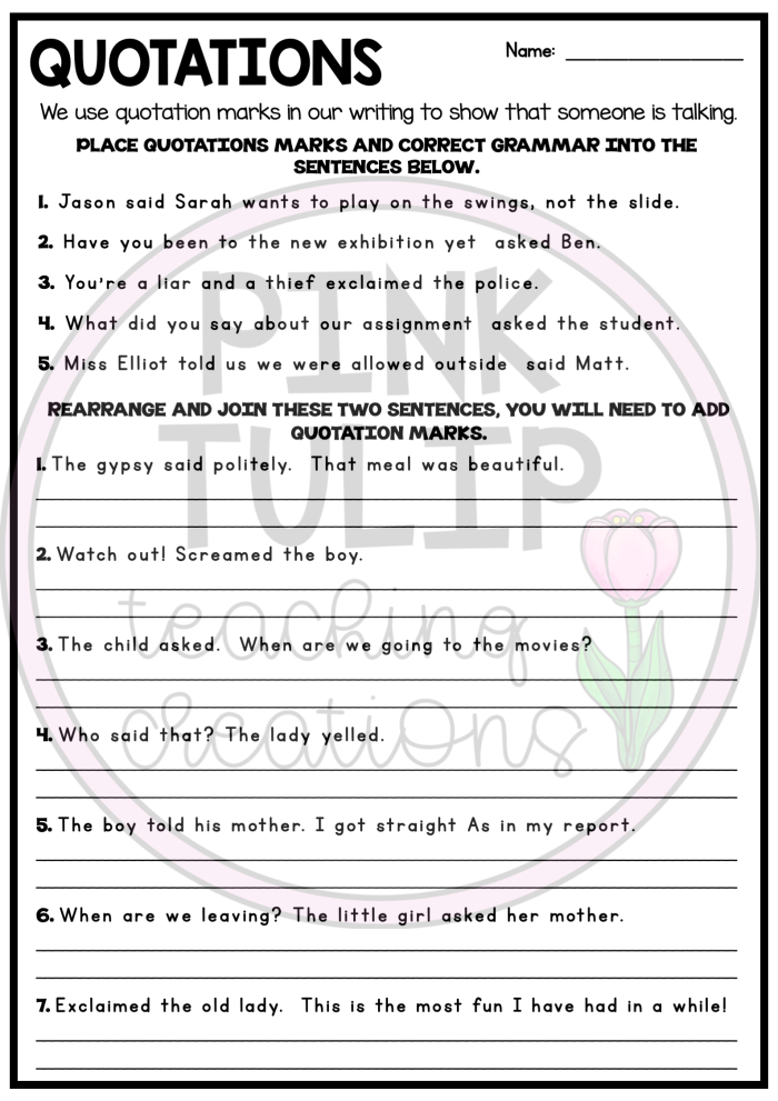 Worksheet for practicing the use of quotation marks in dialogue from The Secret Garden