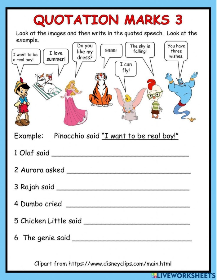 Worksheet on using quotation marks with a passage from The Secret Garden for fifth graders