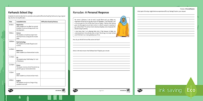 Illustration of a fifth grade worksheet explaining the significance of Ramadan and its traditions