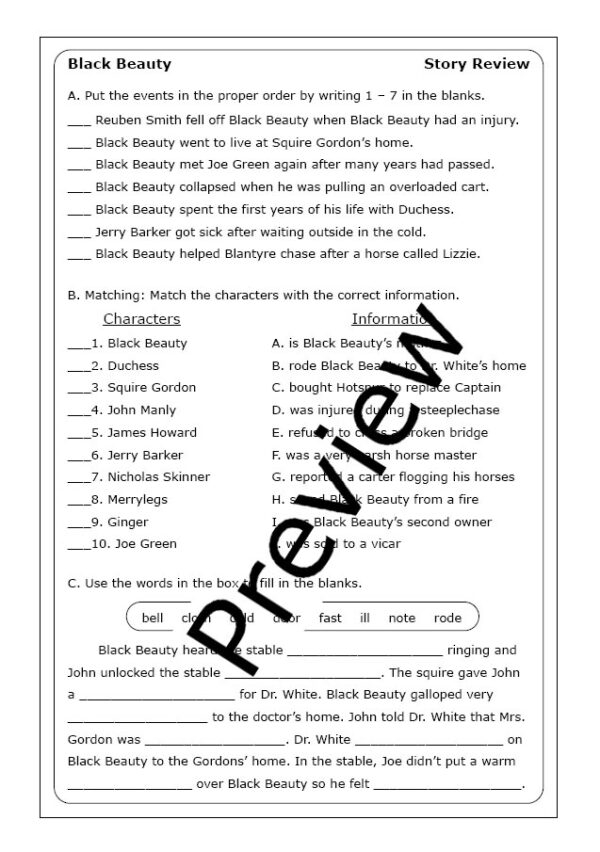 Black Beauty reading comprehension and fractions exercise for grade five students Fifth grade worksheet on reading comprehension with a Black Beauty passage and fraction problems