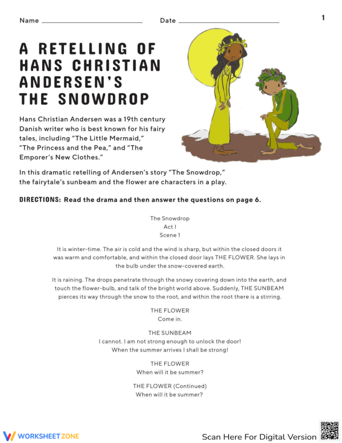 Fifth grade worksheet featuring a dramatic retelling of Hans Christian Andersen's The Snowdrop