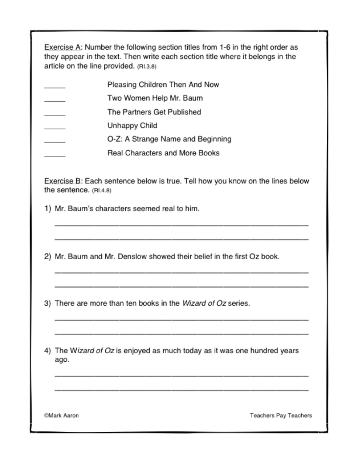 Worksheet for fifth graders practicing reading comprehension with a passage from The Wonderful Wizard of Oz Fifth grade students working on an analyzing a passage from The Wizard of Oz worksheet focused on addition