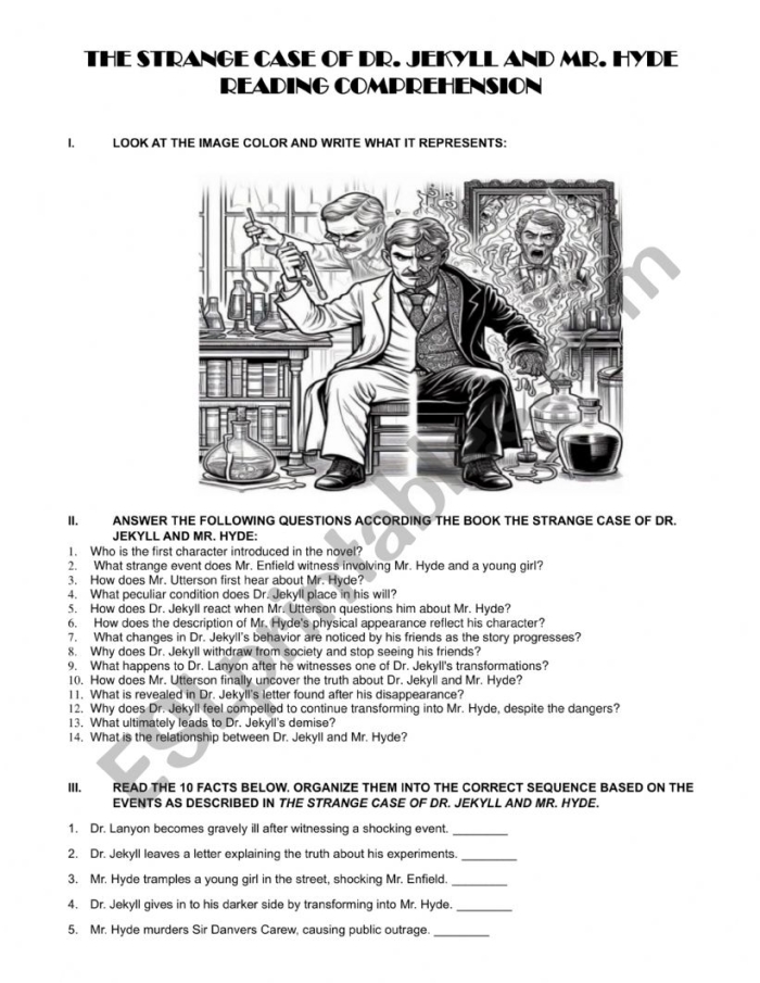 Fifth grade students working on The Strange Case of Dr. Jekyll and Mr. Hyde worksheet with reading and writing tasks