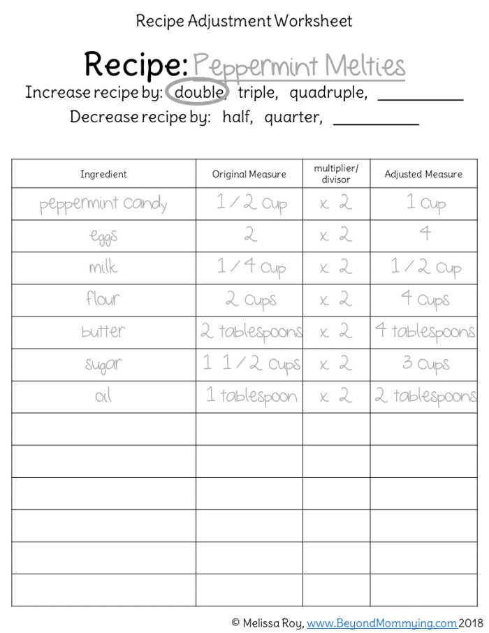 A fun educational resource to help students learn measurements through recipes Recipe Conversion worksheet for fifth graders focusing on fraction multiplication in cooking