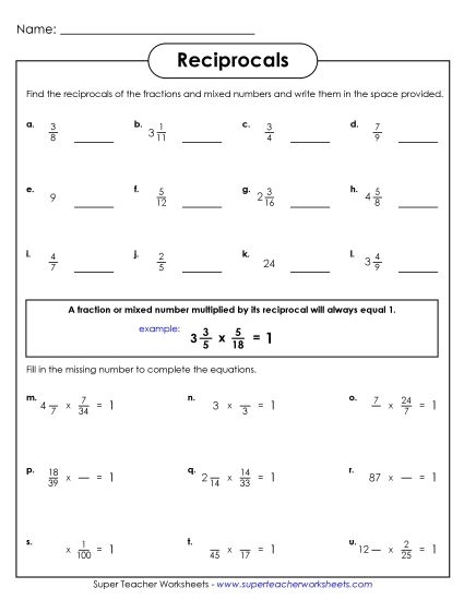 Worksheet illustrating Fraction Math: Find the Reciprocal for fifth graders