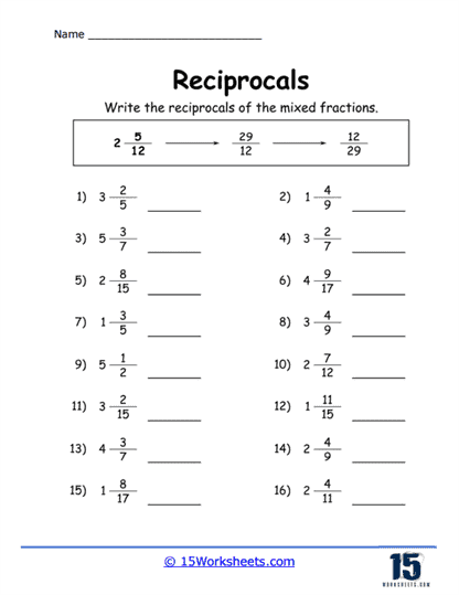 Worksheet featuring exercises on finding the reciprocal of fractions and mixed numbers for fifth graders