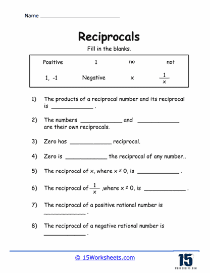 Worksheet showing exercises on finding the reciprocal of fractions for fifth graders