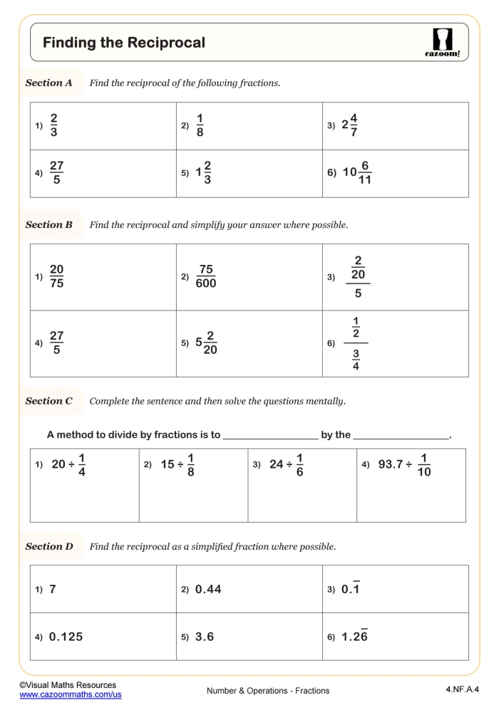 Worksheet featuring exercises on finding the reciprocal of fractions for fifth graders