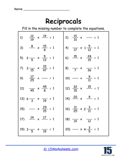 Worksheet for practicing the reciprocal of fractions and mixed numbers for fifth graders