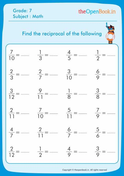 Worksheet showing Fraction Math concepts with a focus on finding the reciprocal of fractions and mixed numbers