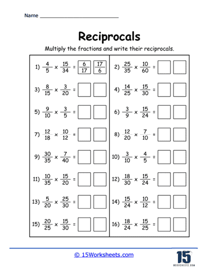 Worksheet showing various examples of finding the reciprocal of fractions and mixed numbers for fifth graders