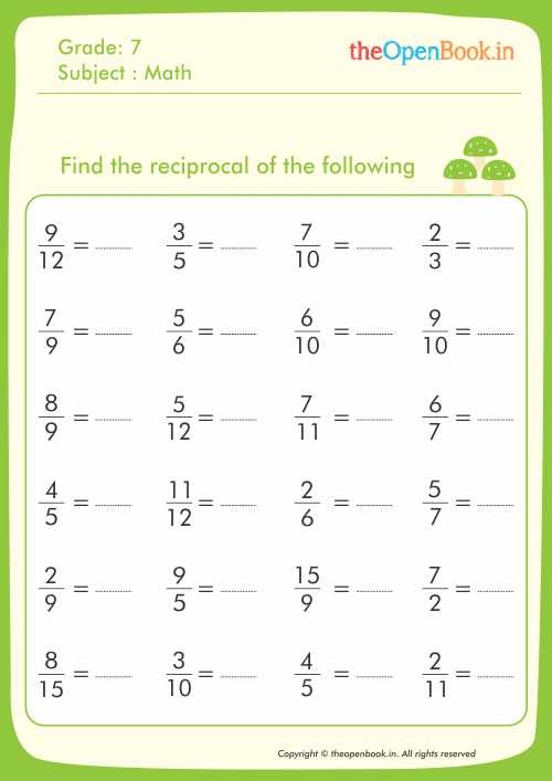 Worksheet image illustrating the concept of finding the reciprocal of fractions for fifth graders