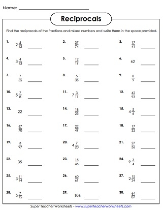 Worksheet showing fraction math exercises focused on finding the reciprocal for fifth graders. Fraction Math: Find the Reciprocal worksheet for practicing math skills.