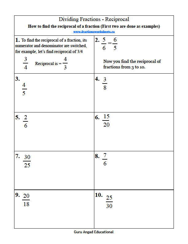 Worksheet for practicing finding the reciprocal of fractions and mixed numbers for fifth graders