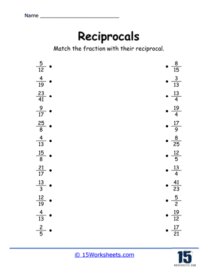 Worksheet for practicing finding the reciprocal of fractions and mixed numbers for fifth graders