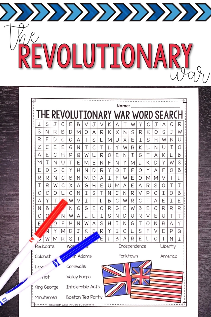 Revolutionary War Vocabulary Match-Up worksheet for fifth graders learning key terms from the era