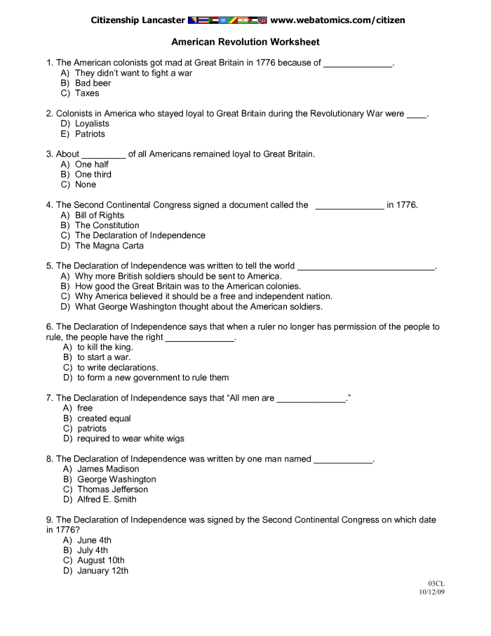 Exciting trivia challenges about the Revolutionary War for geography lessons Revolutionary War trivia worksheet for fifth graders featuring engaging questions