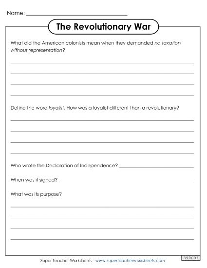 Engaging quiz sheet on the Revolutionary War for geography education Revolutionary War trivia worksheet for fifth graders featuring question prompts