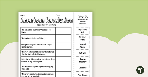 Revolutionary War Vocabulary Match-Up worksheet designed for fifth graders to enhance their understanding of key terms