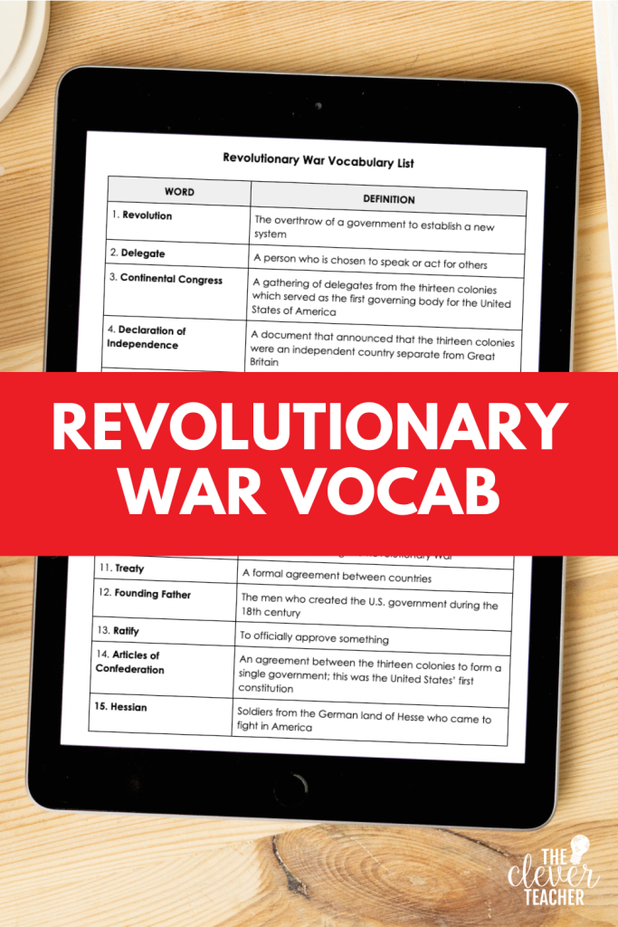Revolutionary War Vocabulary Match-Up worksheet for fifth graders learning key historical terms