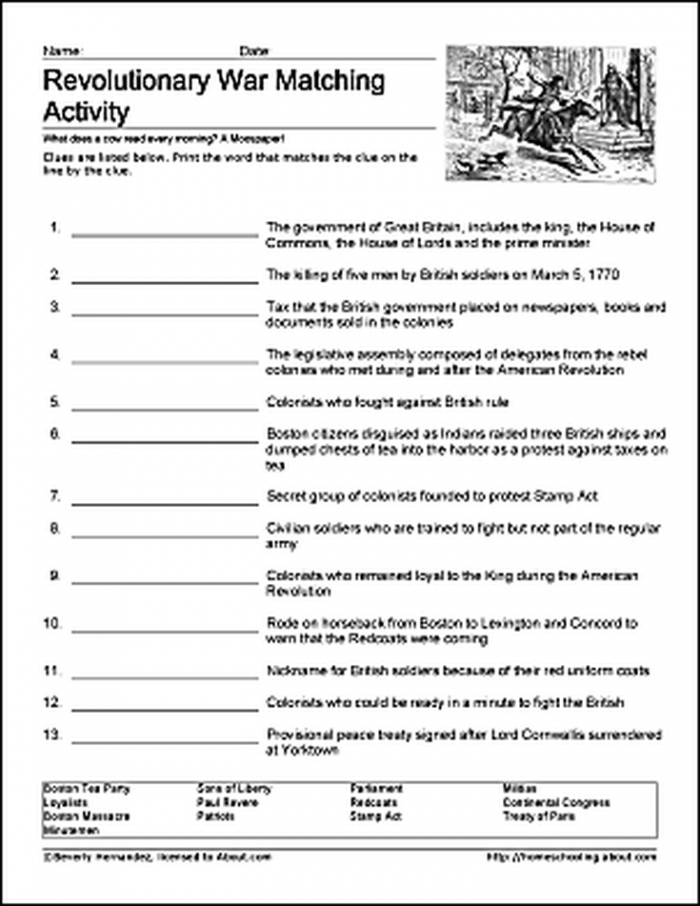 Revolutionary War vocabulary match-up worksheet for fifth graders