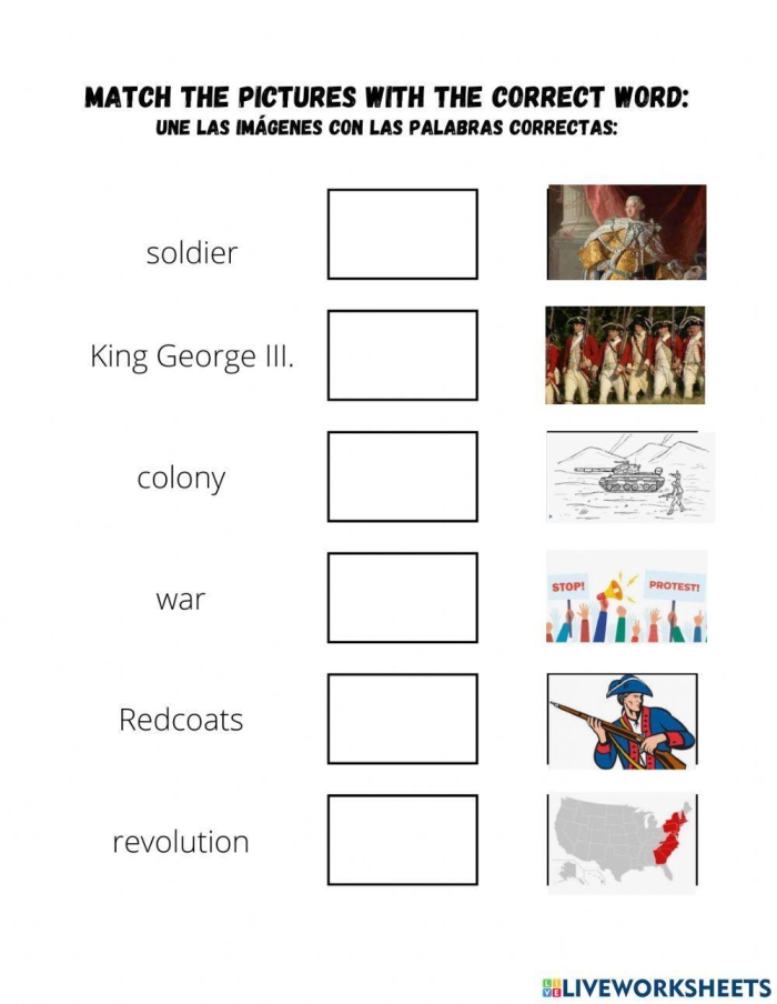 Revolutionary War Vocabulary Match-Up worksheet for fifth graders to enhance their understanding of key terms