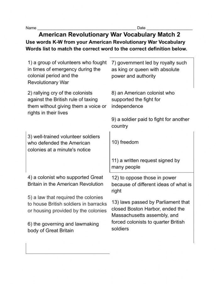 Children engaging with the Revolutionary War Vocabulary Match-Up worksheet to enhance their understanding of key terms