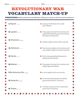 Revolutionary War Vocabulary Match-Up worksheet for fifth graders to enhance their understanding of key historical terms