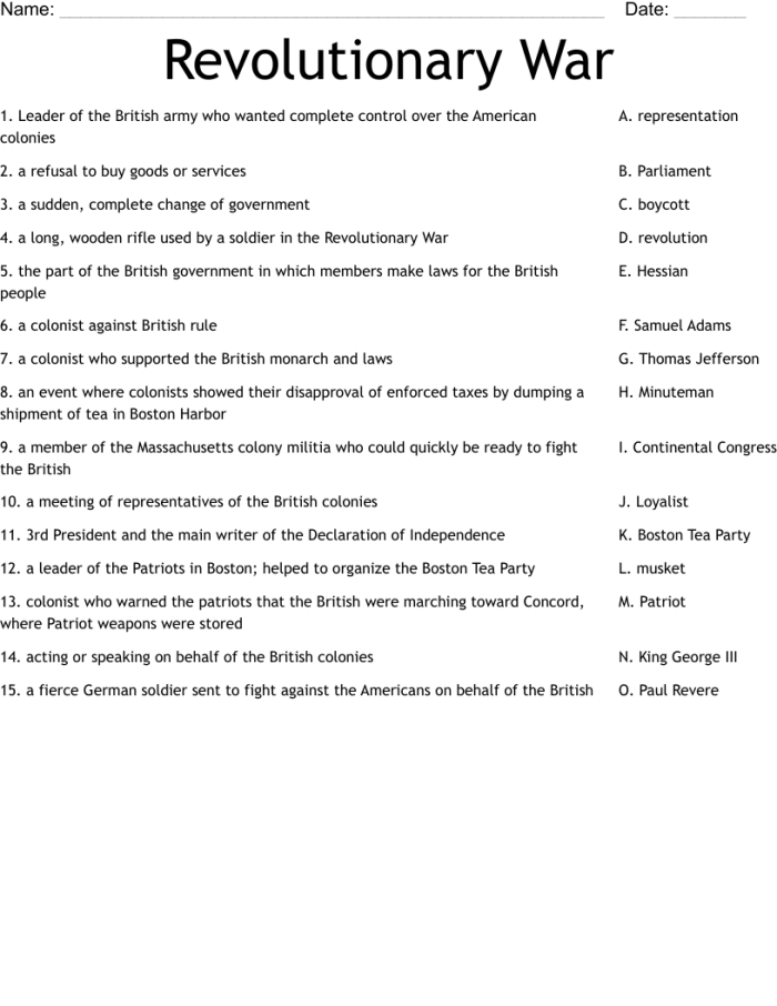 Revolutionary War Vocabulary Match-Up worksheet for fifth graders to enhance their understanding of key historical terms