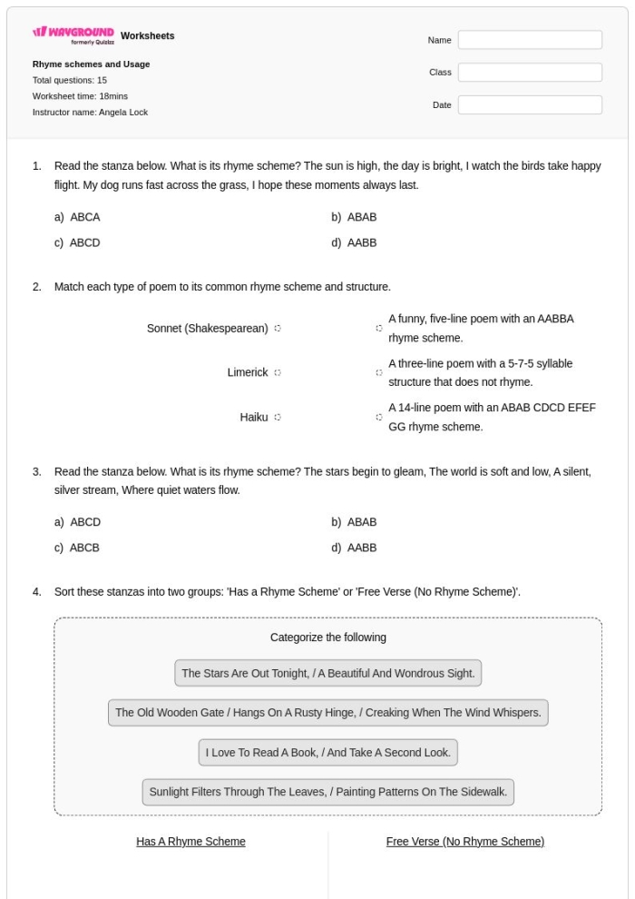 Practice rhyme patterns with the If poem in this engaging worksheet for fifth graders Fifth grade student worksheet focusing on identifying rhyme schemes in Rudyard Kipling's poem If