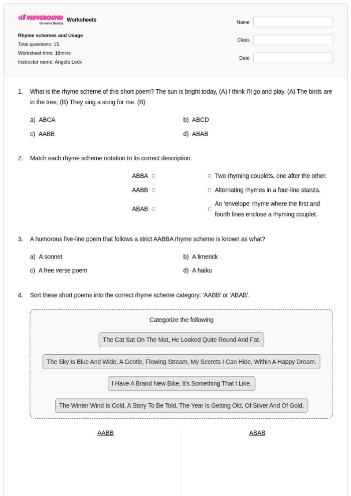 Rhyme scheme practice for the poem If with a fifth grade worksheet Fifth grade student working on a rhyme scheme worksheet featuring Rudyard Kipling's poem If