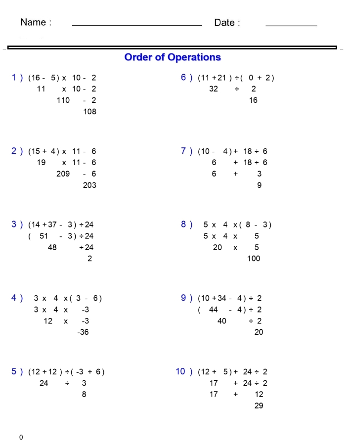 Fifth grade glossary worksheet focused on order of operations sequencing for reading support