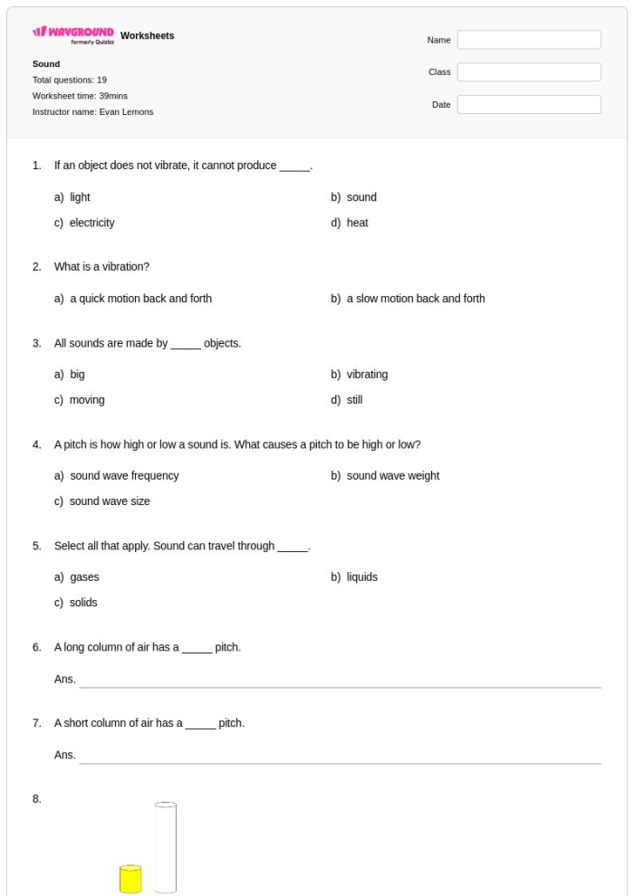 Exploring the science of sound vibrations in a fifth grade geometry worksheet 8 Fifth grade worksheet explaining how sound is created by particle vibrations