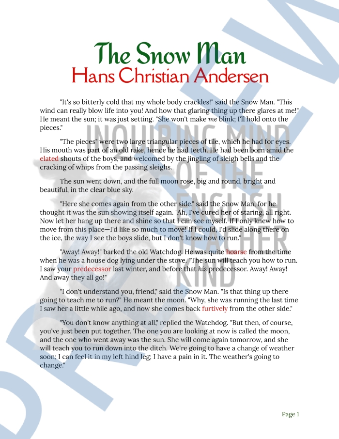 Fifth grade students acting out Hans Christian Andersen's The Snowdrop from the worksheet