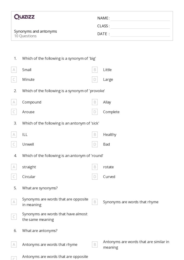 Worksheet showing fifth graders identifying synonyms and antonyms in a fun activity