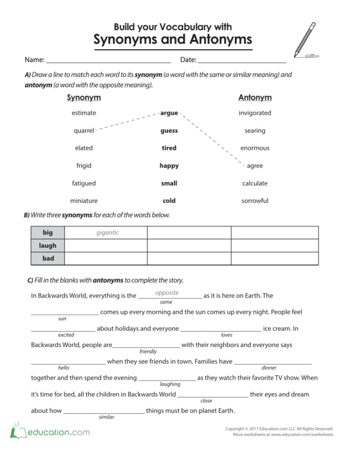 Worksheet featuring fifth graders identifying synonyms and antonyms in a fun way