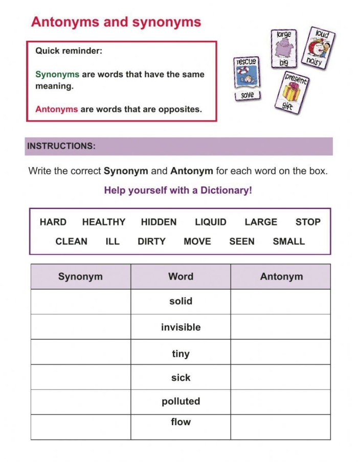 Worksheet featuring fun activities for identifying synonyms and antonyms for kids. Build Vocabulary with Synonyms and Antonyms worksheet for fifth graders.