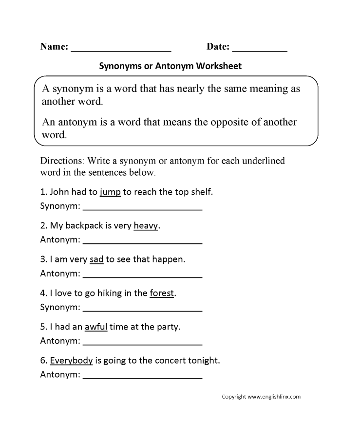 Colorful worksheet helping fifth graders learn synonyms and antonyms through fun activities