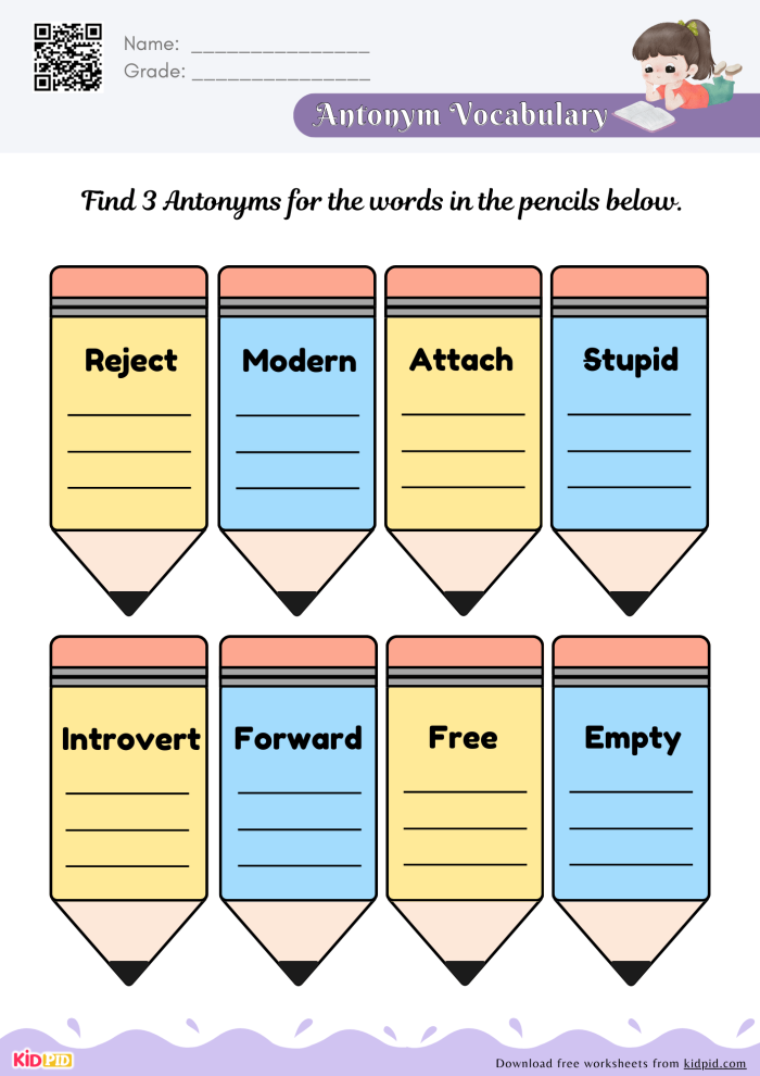 Worksheet featuring fifth graders identifying synonyms and antonyms in a fun activity