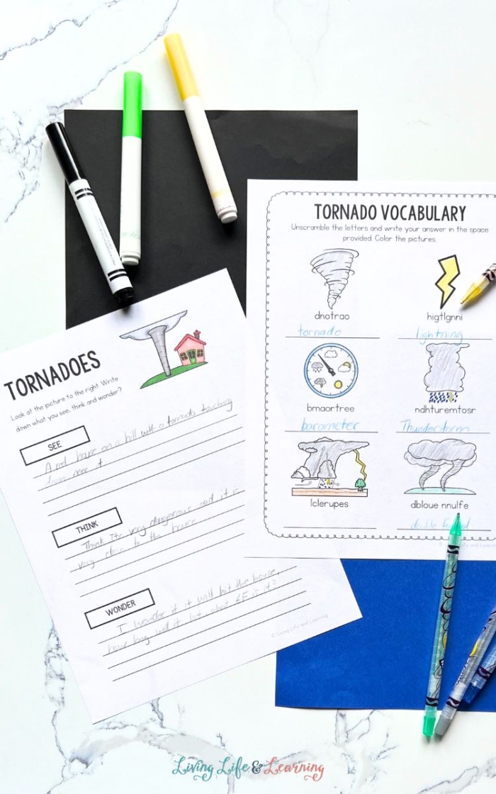 Fifth grade science worksheet featuring a fill-in-the-blank activity about tornado facts