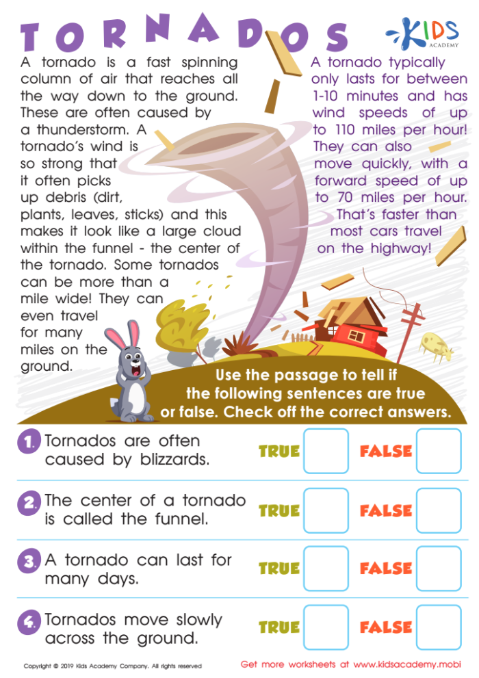 Fifth grade science worksheet focusing on tornado facts with fill-in-the-blank questions